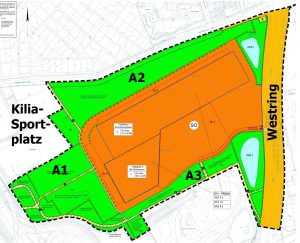 B-Plan 988 - Auszug, der die geplanten und zerstörten Ausgleichsflächen (grün) zeigt.