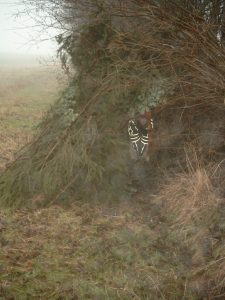 Kinderspiel im Winternebel: Höhlenbau mit Totholz an von Hasel dominierten Knick