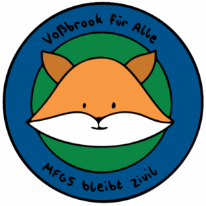 Vossbrook für Alle - Logo der Besetzer:innen. Zentral ist ein stilisierter Fuchskopf.